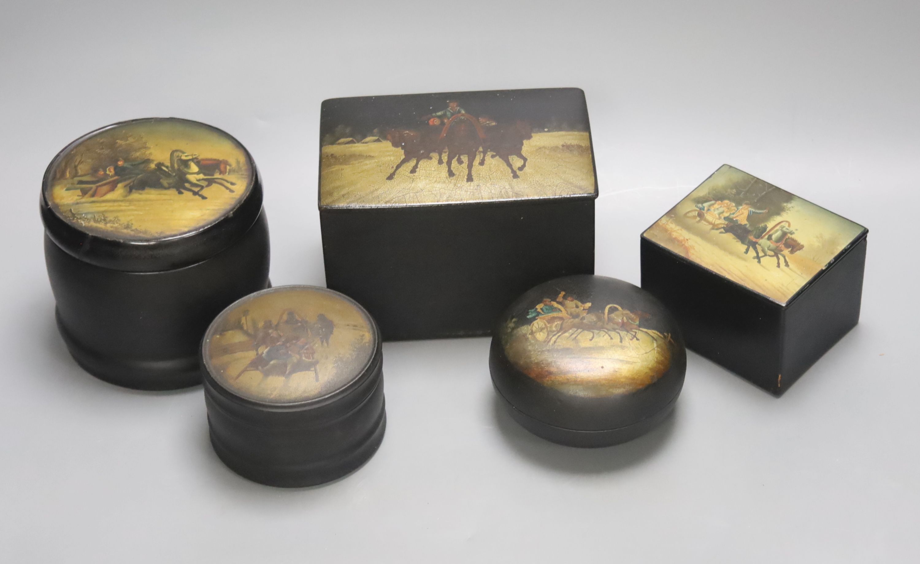Five Russian painted papier mache boxes, 19th century and later, largest 15 x 10cm 10cm high